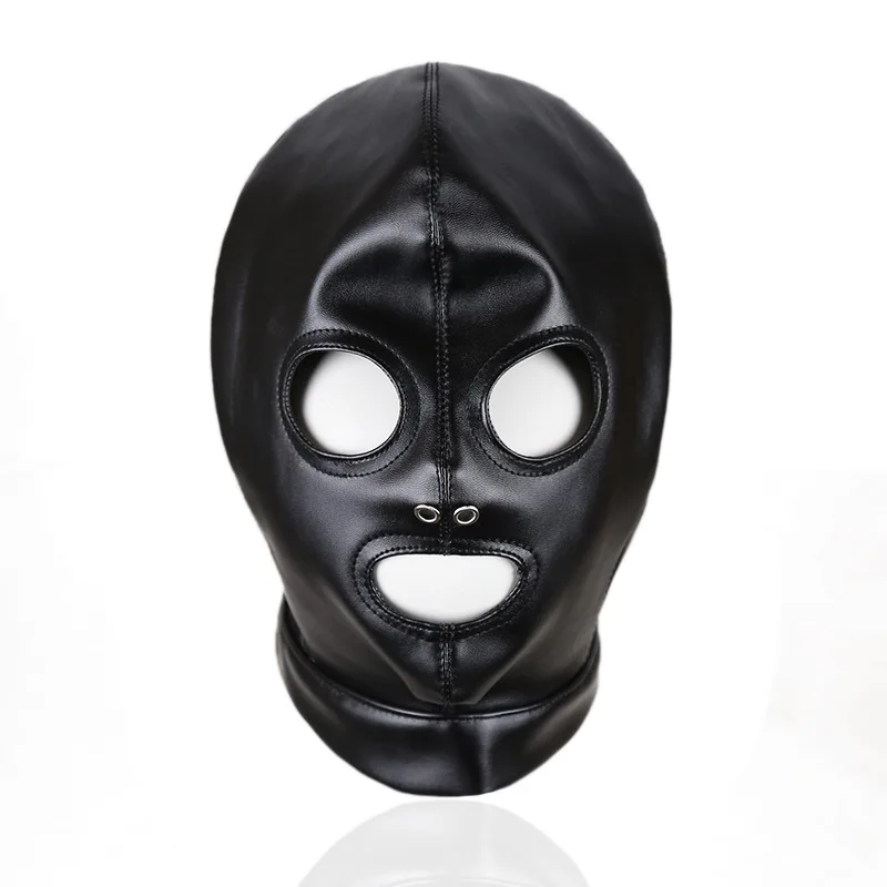 BDSM Sex Black Pu Leather Head Bondage Hood Mask Open Eye Mouth with Erotic Couple Flirting Toys Adjustable Mask Cosplay Harness