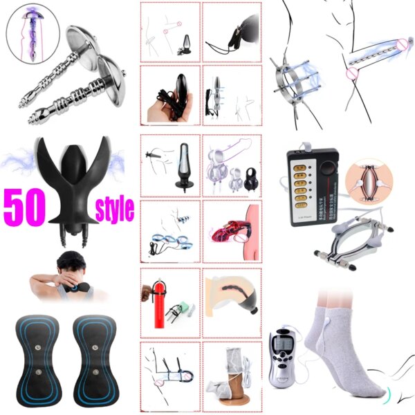 50 Style E-stim Electroshock Accessorry,SM Electro Anal Plug Nipple Clamp Cock Ring Penis Plug Sex Products,Estim Powerbox Toys