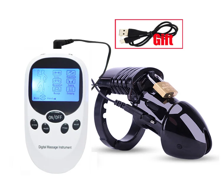 E-Stim Male Masturbator Electric Shock Chastity Cock Cage Ball Stretcher,Electro Stimulation Anal Plug Penis Ring BDSM Sex Tools