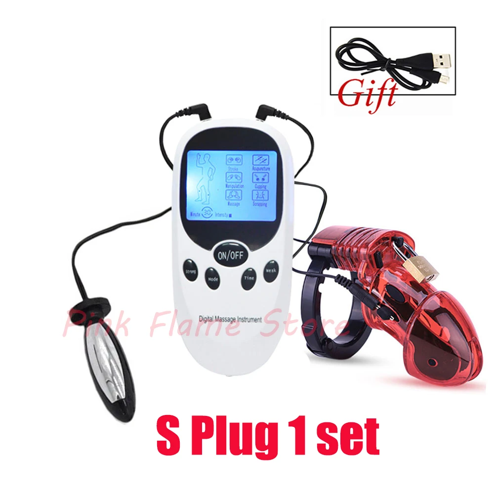 E-Stim Male Masturbator Electric Shock Chastity Cock Cage Ball Stretcher,Electro Stimulation Anal Plug Penis Ring BDSM Sex Tools