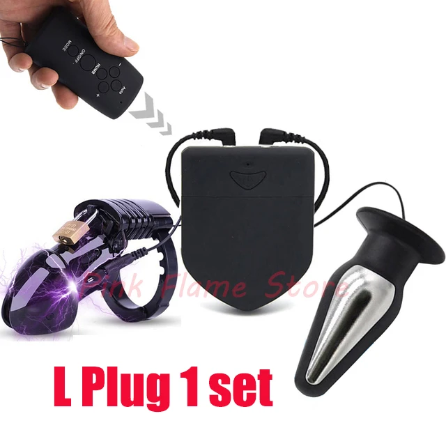 E-Stim Male Masturbator Electric Shock Chastity Cock Cage Ball Stretcher,Electro Stimulation Anal Plug Penis Ring BDSM Sex Tools