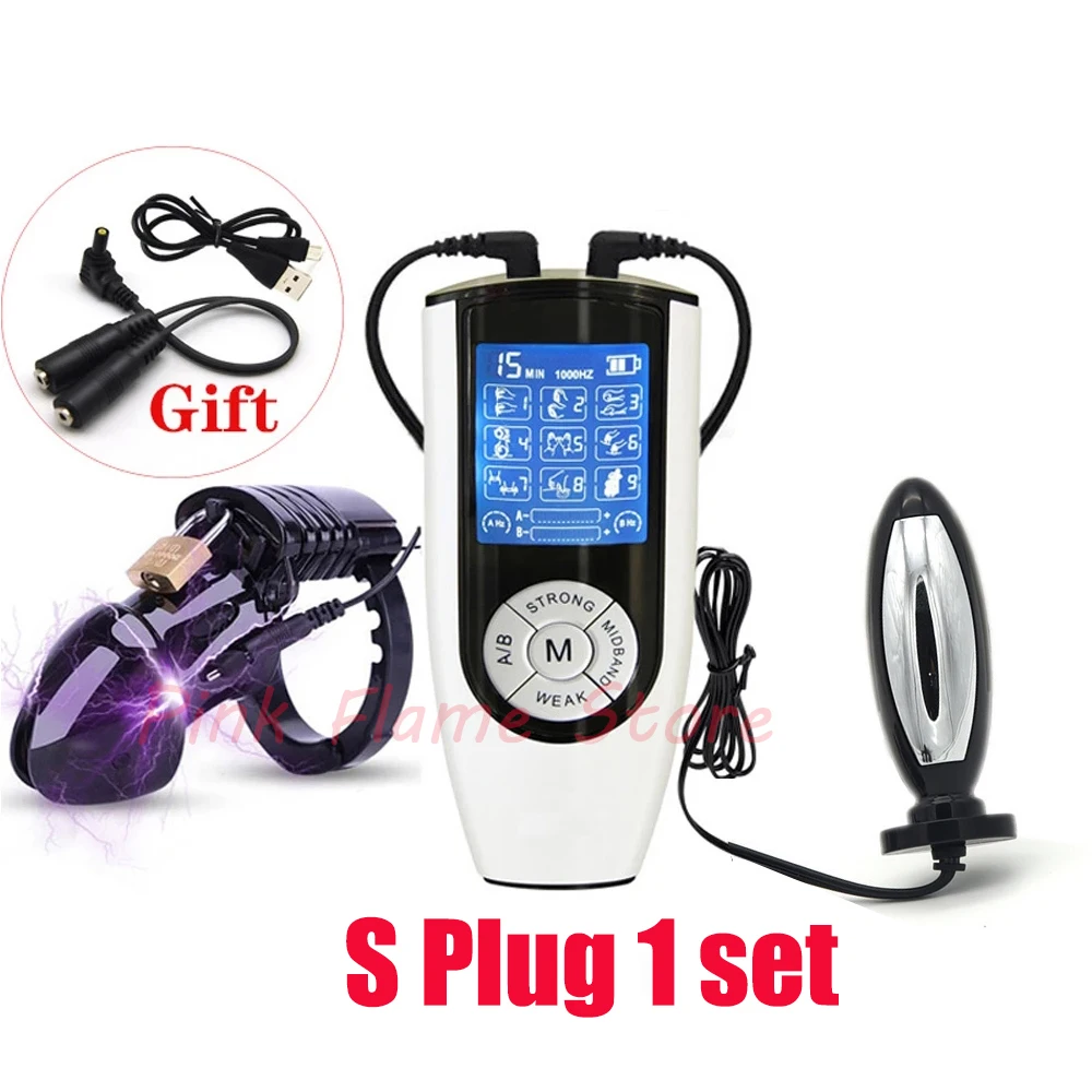 E-Stim Male Masturbator Electric Shock Chastity Cock Cage Ball Stretcher,Electro Stimulation Anal Plug Penis Ring BDSM Sex Tools