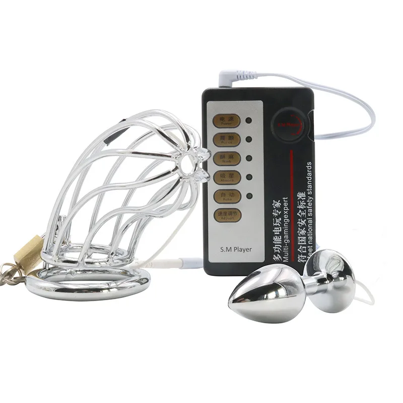 Metal Penis Lock Electric Shock Male Cock Cage Cock Ring Anal Butt Plug Bird Restraint Electro Stim SM Sex Toys for Men Metal Penis Lock Electric Shock Male Cock Cage Cock Ring Anal Butt Plug Bird Restraint Electro Stim SM Sex Toys for Men