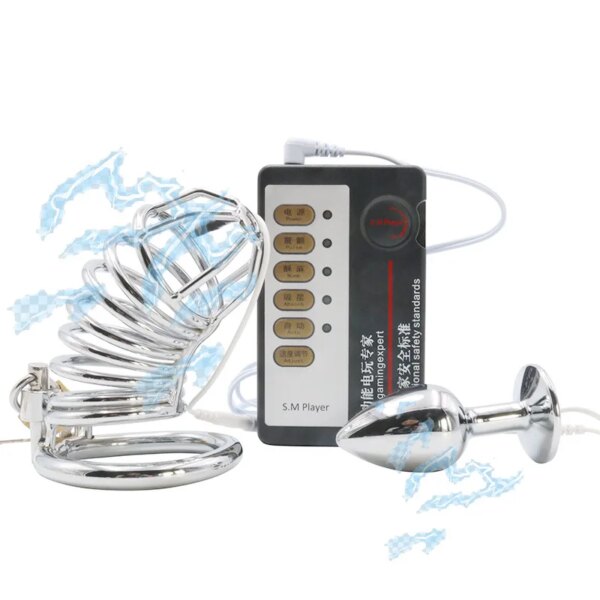 Metal Penis Lock Electric Shock Male Cock Cage Cock Ring Anal Butt Plug Bird Restraint Electro Stim SM Sex Toys for Men