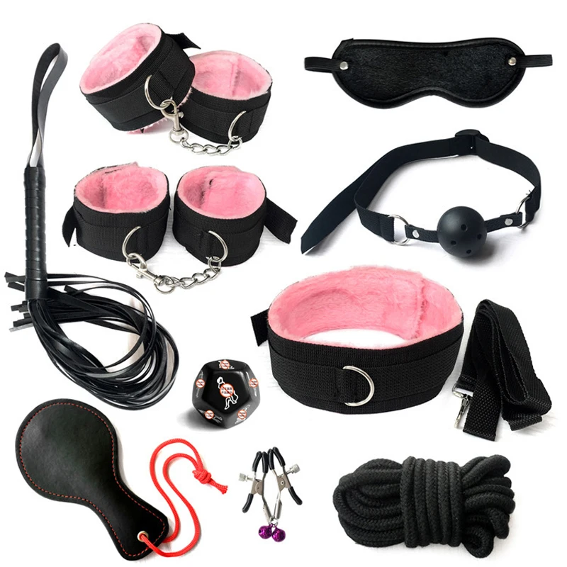 BDSM Bondage Set Sexy Plush Handcuffs Leather Whip Mouth Ball Gag Nipple Clamps Kits Sex Toys For Couples Two Exotic Accessories
