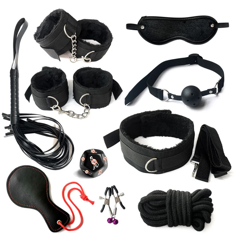 BDSM Bondage Set Sexy Plush Handcuffs Leather Whip Mouth Ball Gag Nipple Clamps Kits Sex Toys For Couples Two Exotic Accessories
