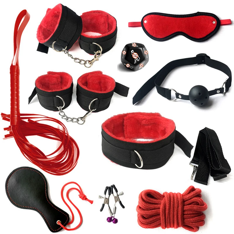 BDSM Bondage Set Sexy Plush Handcuffs Leather Whip Mouth Ball Gag Nipple Clamps Kits Sex Toys For Couples Two Exotic Accessories