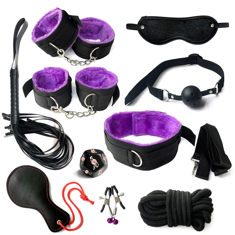BDSM Bondage Set Sexy Plush Handcuffs Leather Whip Mouth Ball Gag Nipple Clamps Kits Sex Toys For Couples Two Exotic Accessories