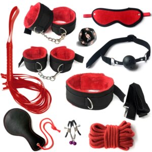 BDSM Bondage Set Sexy Plush Handcuffs Leather Whip Mouth Ball Gag Nipple Clamps Kits Sex Toys For Couples Two Exotic Accessories