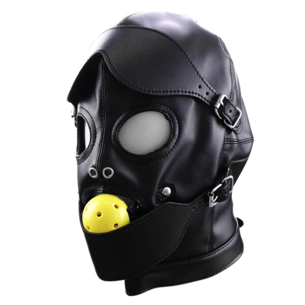 Erotic Mask Cosplay Fetish Bondage Headgear With Mouth Ball Gag BDSM Hot Erotic Leather Hood For Men Adult Games Sex SM Mask