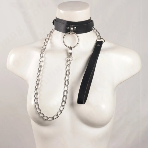 Sexy Handmade Leather Neck Collar Choker with O-ring and Chain Leash Adjustable Roleplay Accessory Love Necklace for Couples