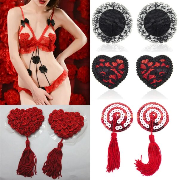 sexy sequin nipple covers with tassels heart Round Lace shape nipple stickers pasties wholesale chest stickers sex product