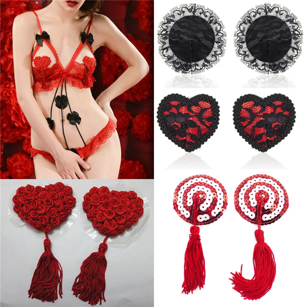 sexy sequin nipple covers with tassels heart Round Lace shape nipple stickers pasties wholesale chest stickers sex product