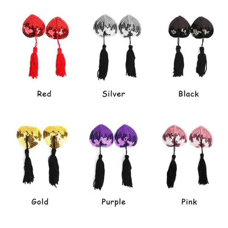 1 Pair Sex Product Sexy Sequin Nipple Covers With Tassels Heart Shape Nipple Stickers Pasties Wholesale Chest Stickers