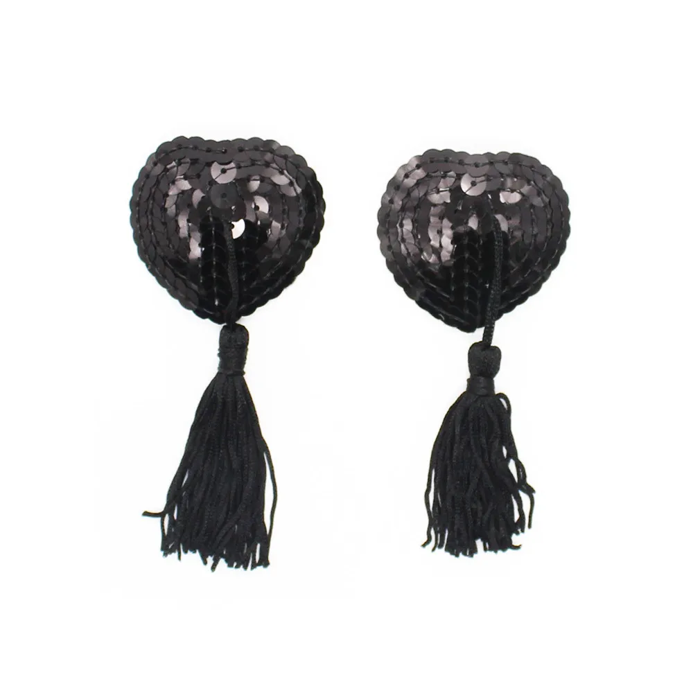 Sexy Sequin Heart Shape Nipple Covers with Tassels Nipple Stickers Pasties Chest Stickers Sex Accessories 1 Pair Wholesale