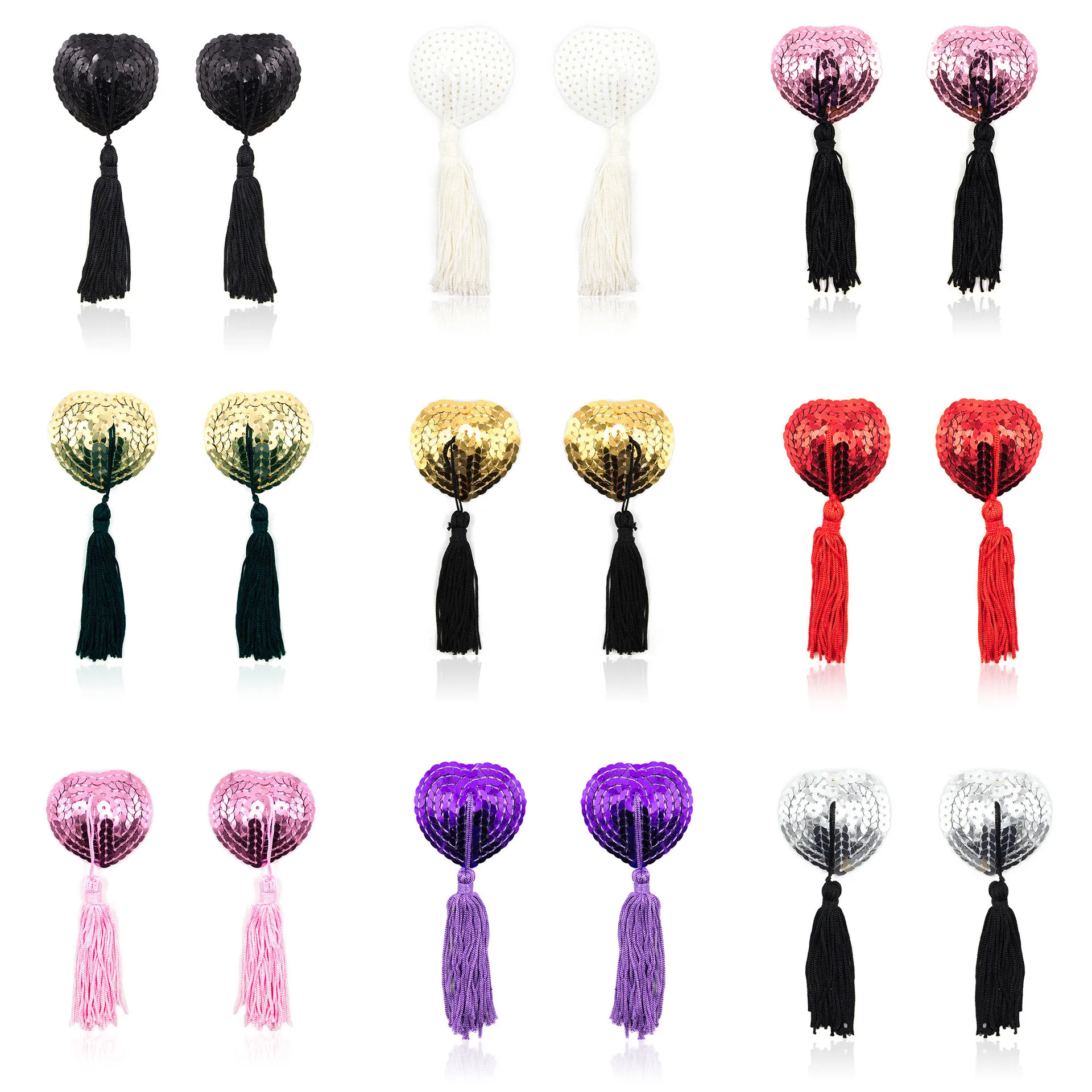 Sexy Sequin Heart Shape Nipple Covers with Tassels Nipple Stickers Pasties Chest Stickers Sex Accessories 1 Pair Wholesale