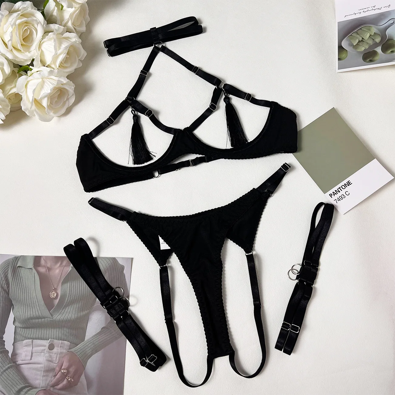 Yimunancy Tassel Lingerie Set Women Halter Cut Out Sexy Erotic Set Red/Black Back Open Brief Kit Yimunancy Tassel Lingerie Set Women Halter Cut Out Sexy Erotic Set Red/Black Back Open Brief Kit