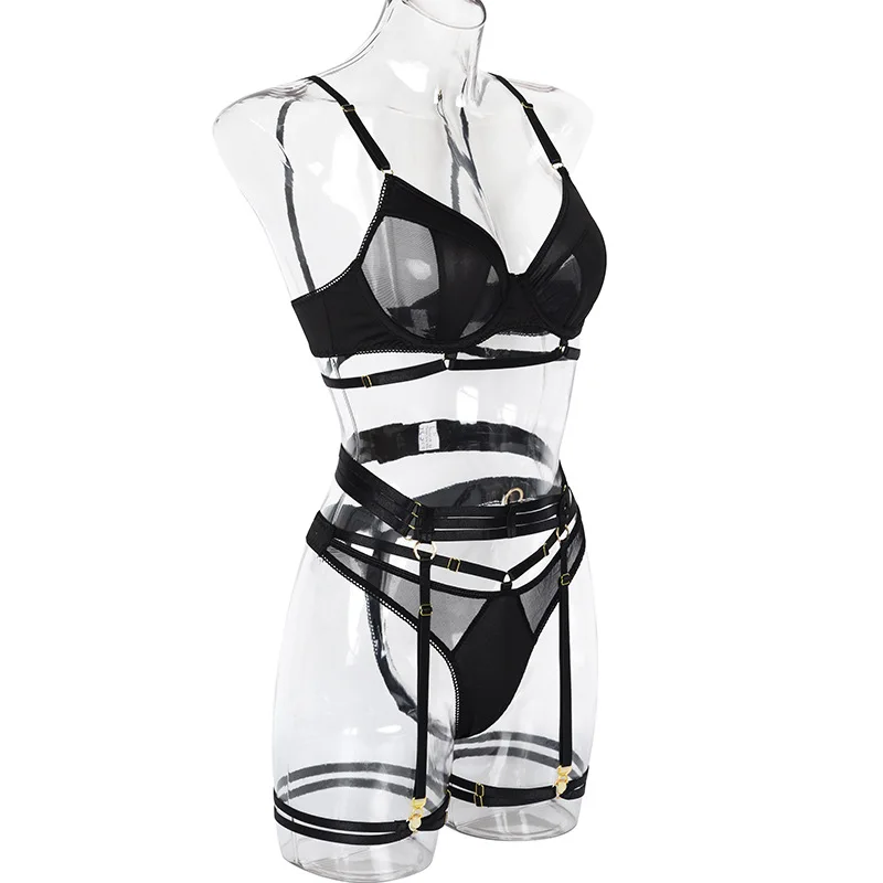 Yimunancy 3-Piece Black Bra Set Women Patchwork See Through Mesh Lingerie Set Ladies Sexy Panty Underwear Set Yimunancy 3-Piece Black Bra Set Women Patchwork See Through Mesh Lingerie Set Ladies Sexy Panty Underwear Set