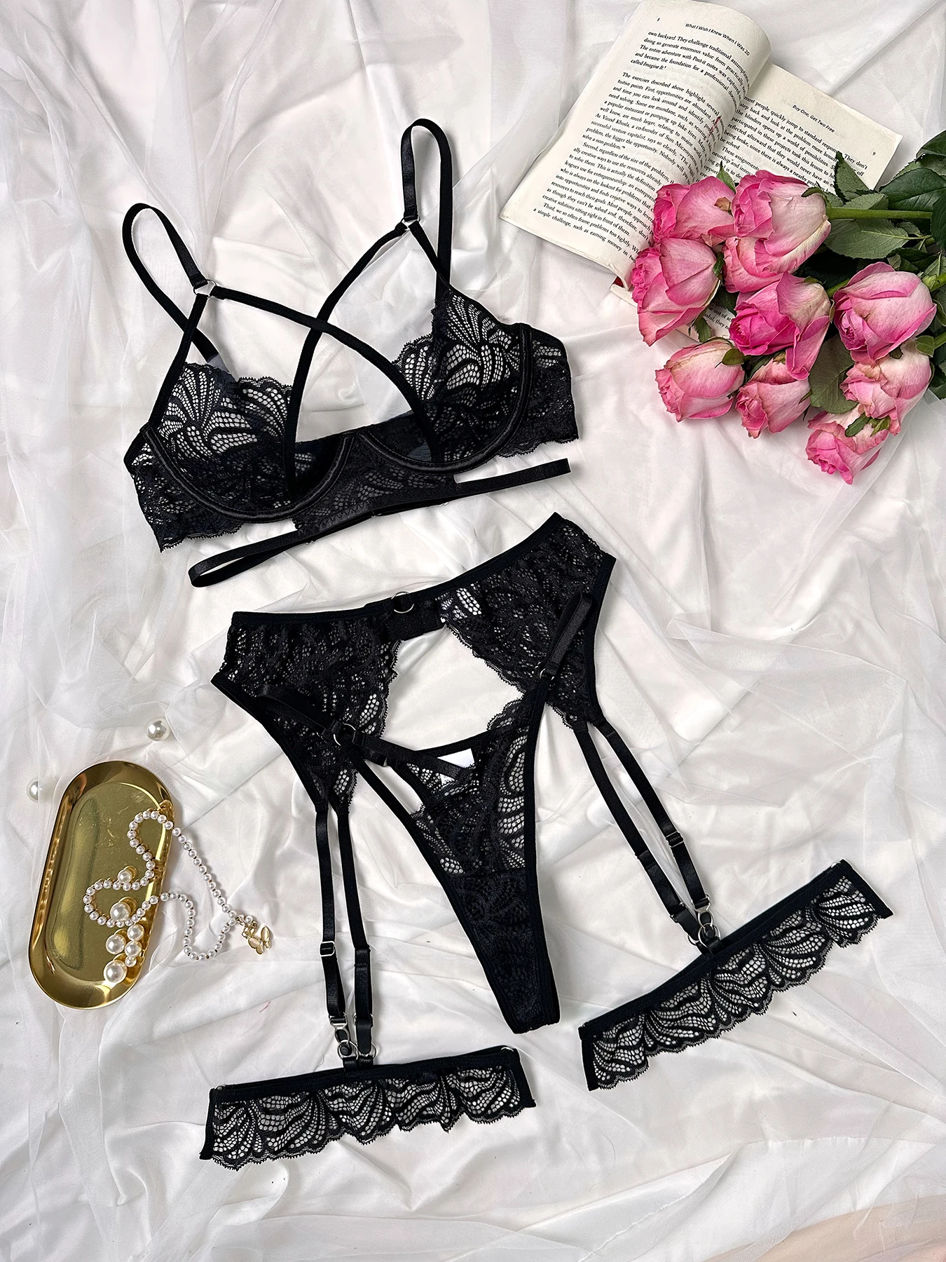 Fashion Personality New Onlyfan Steel Ring Bra Lace Mesh Sexy Cross Webbing Hollow Erotic Lingerie Waistband Hanging