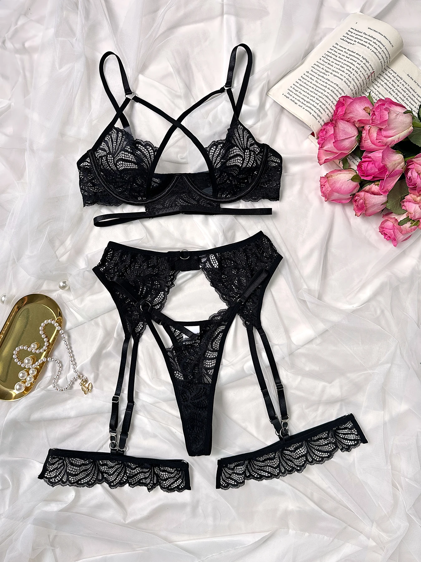 Fashion Personality New Onlyfan Steel Ring Bra Lace Mesh Sexy Cross Webbing Hollow Erotic Lingerie Waistband Hanging