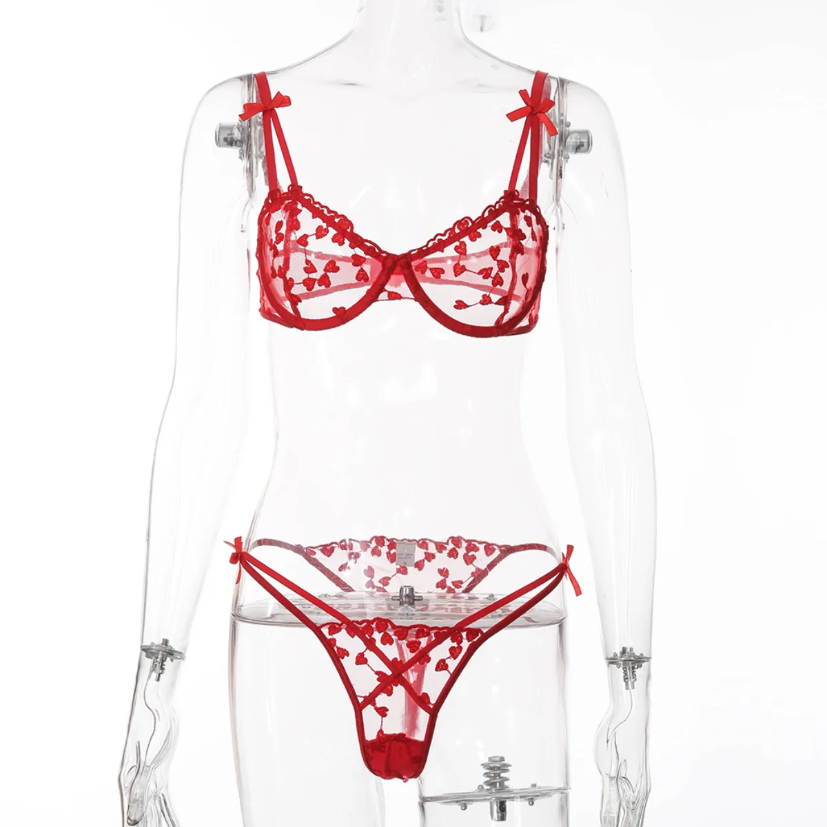 Yimunancy 2-Piece heart embrodiery lace intimates women transparent bow bra + panty lingerie set sexy underwear set Yimunancy 2-Piece heart embrodiery lace intimates women transparent bow bra + panty lingerie set sexy underwear set