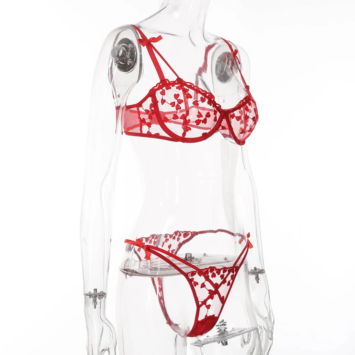 Yimunancy 2-Piece heart embrodiery lace intimates women transparent bow bra + panty lingerie set sexy underwear set Yimunancy 2-Piece heart embrodiery lace intimates women transparent bow bra + panty lingerie set sexy underwear set