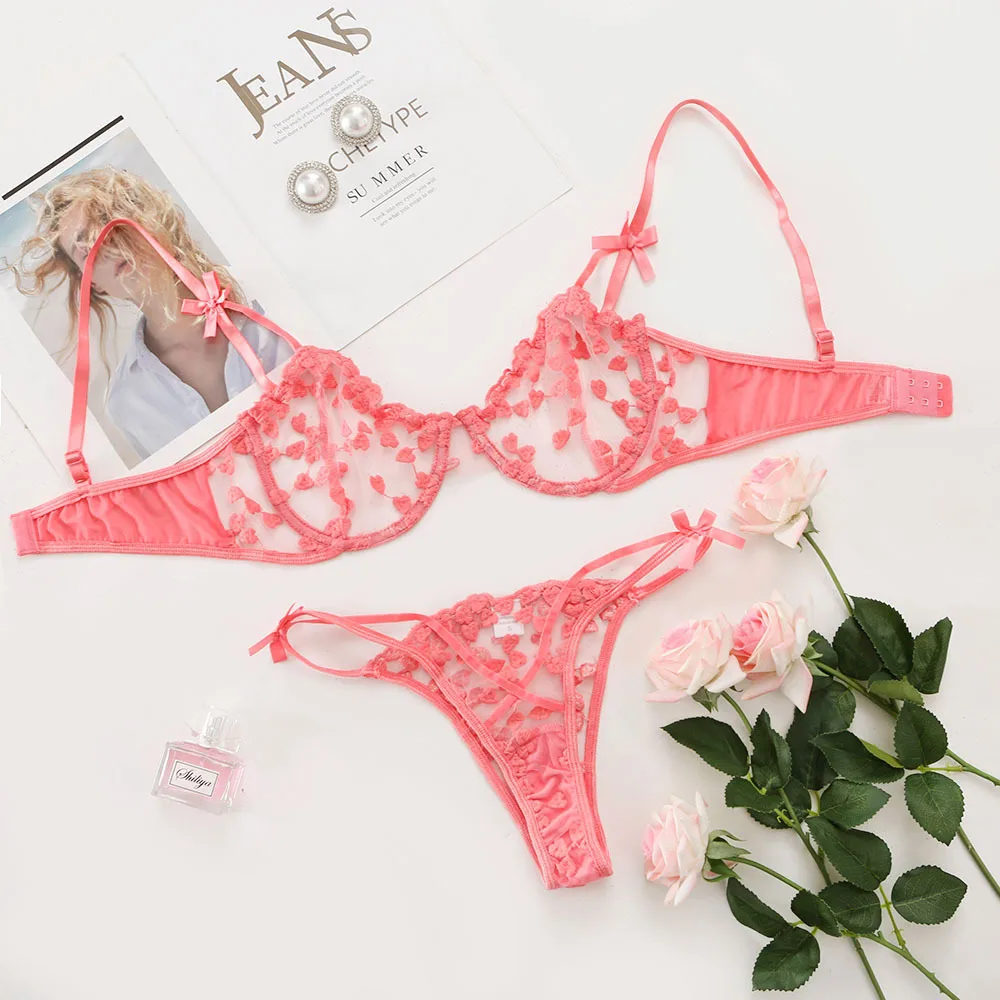 Yimunancy 2-Piece heart embrodiery lace intimates women transparent bow bra + panty lingerie set sexy underwear set Yimunancy 2-Piece heart embrodiery lace intimates women transparent bow bra + panty lingerie set sexy underwear set