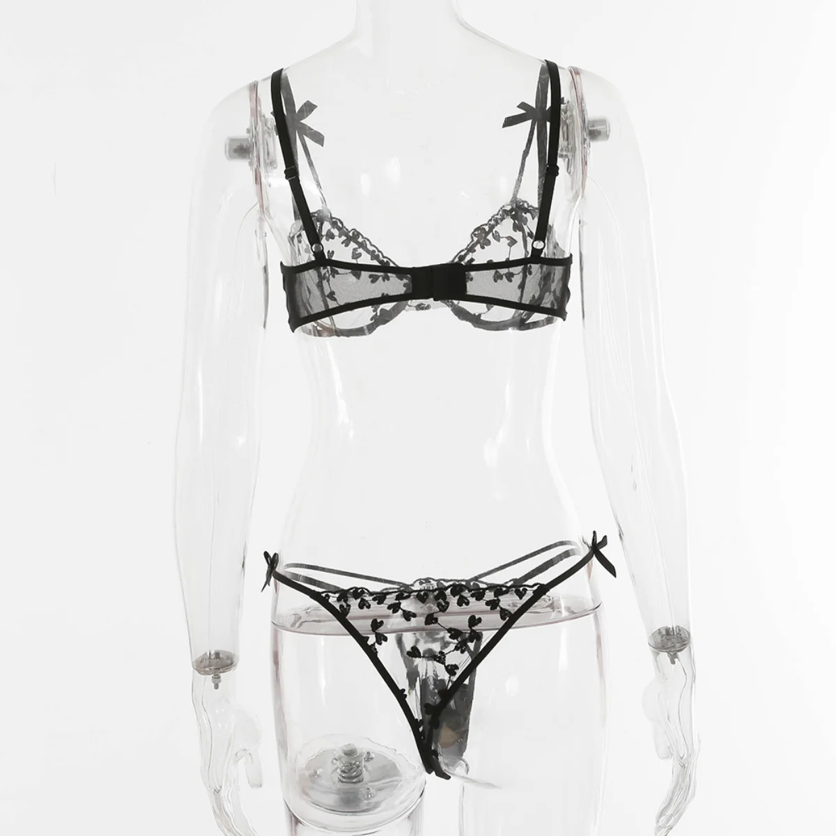 Yimunancy 2-Piece heart embrodiery lace intimates women transparent bow bra + panty lingerie set sexy underwear set Yimunancy 2-Piece heart embrodiery lace intimates women transparent bow bra + panty lingerie set sexy underwear set