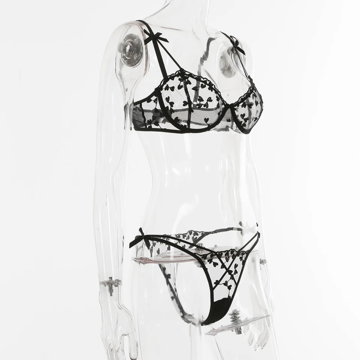 Yimunancy 2-Piece heart embrodiery lace intimates women transparent bow bra + panty lingerie set sexy underwear set Yimunancy 2-Piece heart embrodiery lace intimates women transparent bow bra + panty lingerie set sexy underwear set
