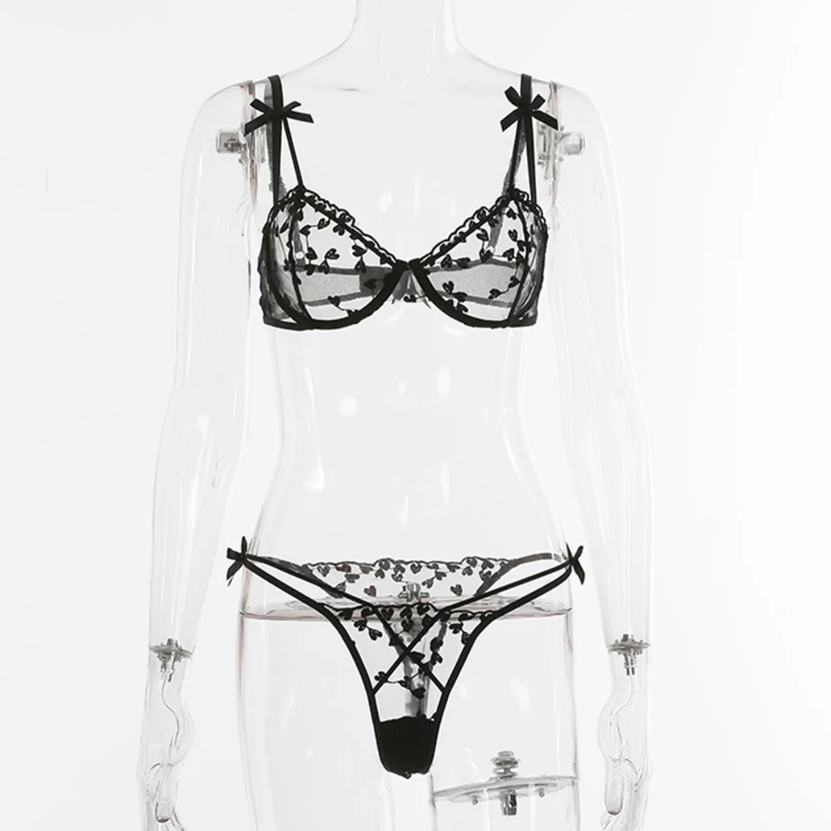 Yimunancy 2-Piece heart embrodiery lace intimates women transparent bow bra + panty lingerie set sexy underwear set Yimunancy 2-Piece heart embrodiery lace intimates women transparent bow bra + panty lingerie set sexy underwear set