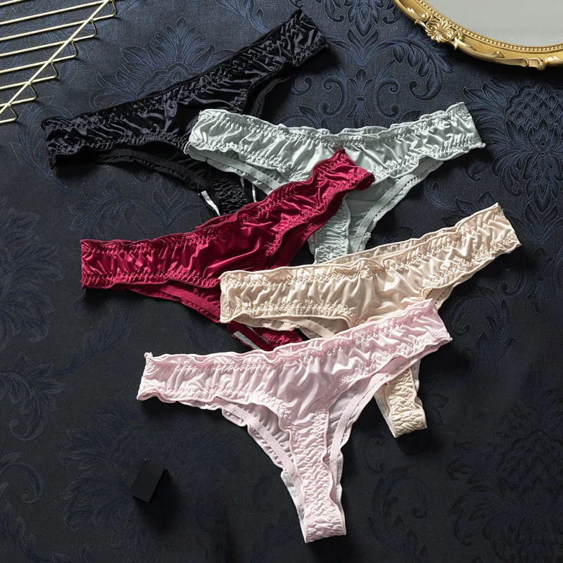 Luxury French Ruffle Satin Women'S Thong Sexy Underwear Ice Silk Cotton Crotch Panties Breathable Seamless Briefs Tanga Lingerie