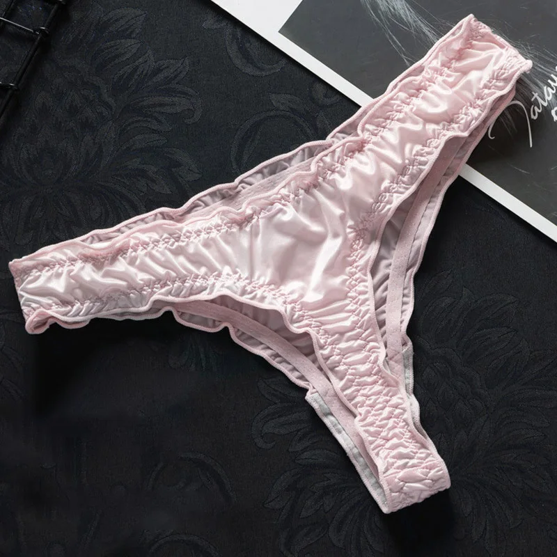 Luxury French Ruffle Satin Women'S Thong Sexy Underwear Ice Silk Cotton Crotch Panties Breathable Seamless Briefs Tanga Lingerie