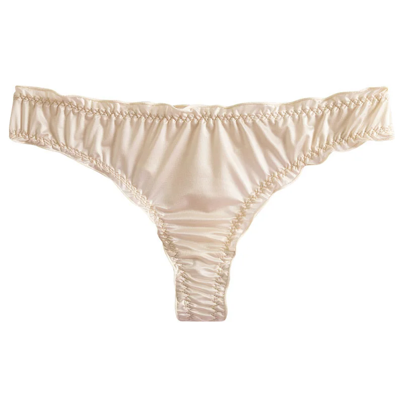 Luxury French Ruffle Satin Women'S Thong Sexy Underwear Ice Silk Cotton Crotch Panties Breathable Seamless Briefs Tanga Lingerie