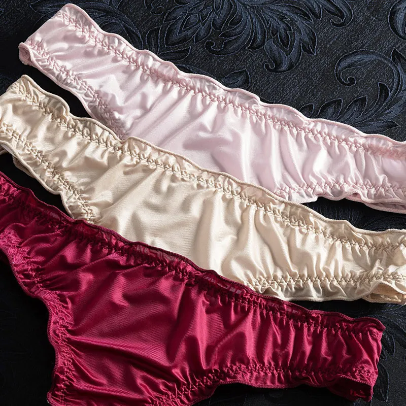 Luxury French Ruffle Satin Women'S Thong Sexy Underwear Ice Silk Cotton Crotch Panties Breathable Seamless Briefs Tanga Lingerie