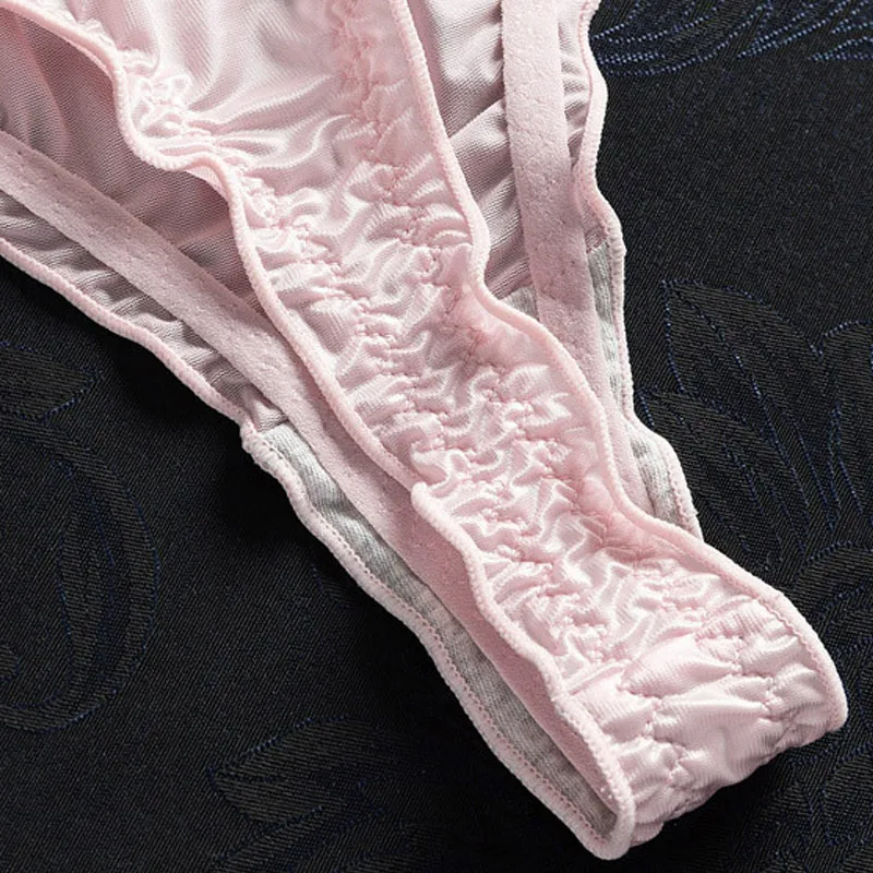 Luxury French Ruffle Satin Women'S Thong Sexy Underwear Ice Silk Cotton Crotch Panties Breathable Seamless Briefs Tanga Lingerie