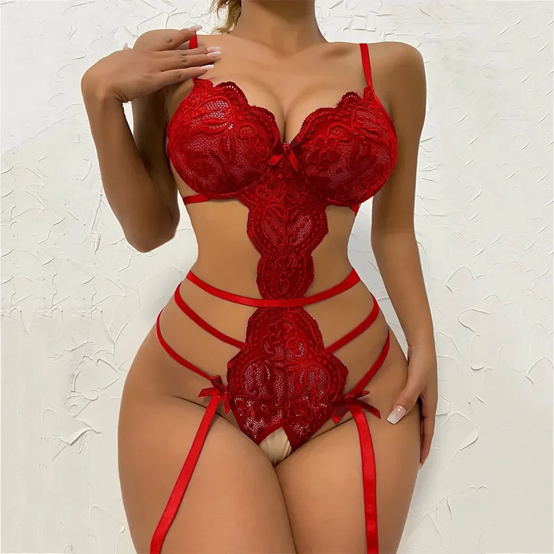 Lingerie Set Sexy Costume Female Crotchless Bodysuits Underwear Women Lace Sling Patchwork String Sheer Bra Set