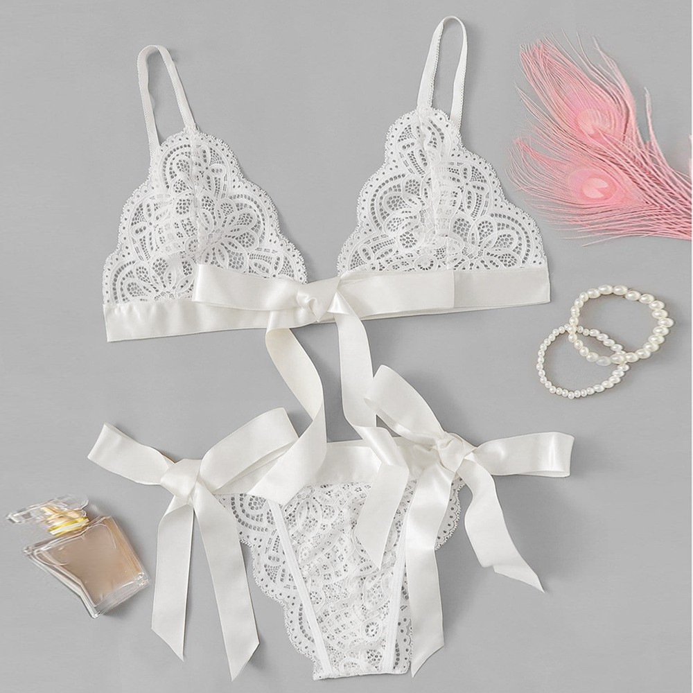 Women Bra Sexy Underpant Sets Scalloped Trim Tie Side Lace Bra Set Solid Color Lingerie Set Bow Embroidery Bra And Brief Sets