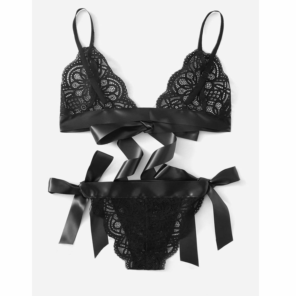 Women Bra Sexy Underpant Sets Scalloped Trim Tie Side Lace Bra Set Solid Color Lingerie Set Bow Embroidery Bra And Brief Sets