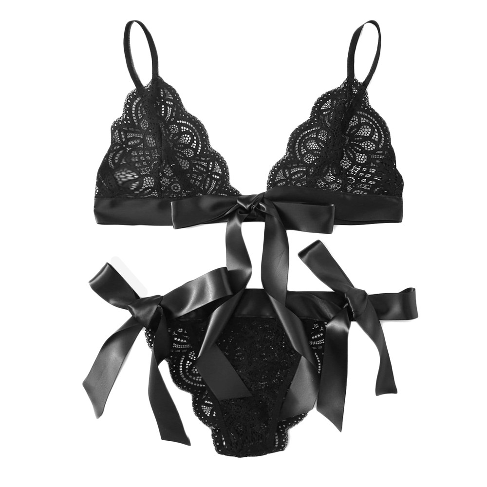 Women Bra Sexy Underpant Sets Scalloped Trim Tie Side Lace Bra Set Solid Color Lingerie Set Bow Embroidery Bra And Brief Sets