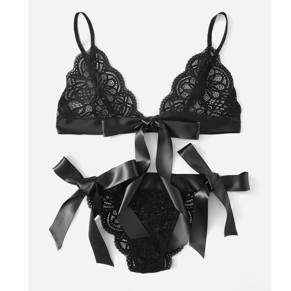 Women Bra Sexy Underpant Sets Scalloped Trim Tie Side Lace Bra Set Solid Color Lingerie Set Bow Embroidery Bra And Brief Sets