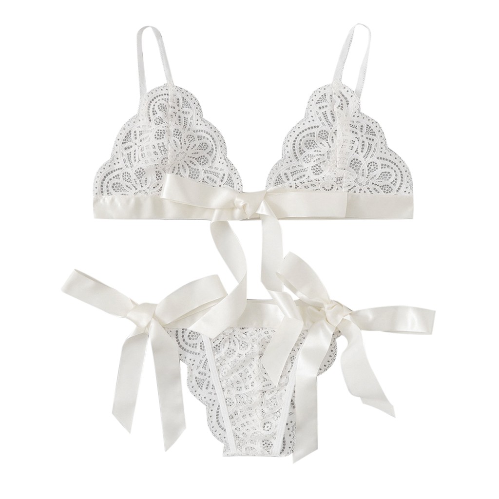 Women Bra Sexy Underpant Sets Scalloped Trim Tie Side Lace Bra Set Solid Color Lingerie Set Bow Embroidery Bra And Brief Sets