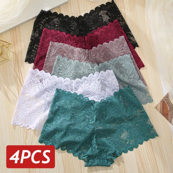 4PC Sexy Underwear Perspective Lace Women Panties Floral Solid Hollow Out Briefs Female Underpants Breathablle Women Lingerie