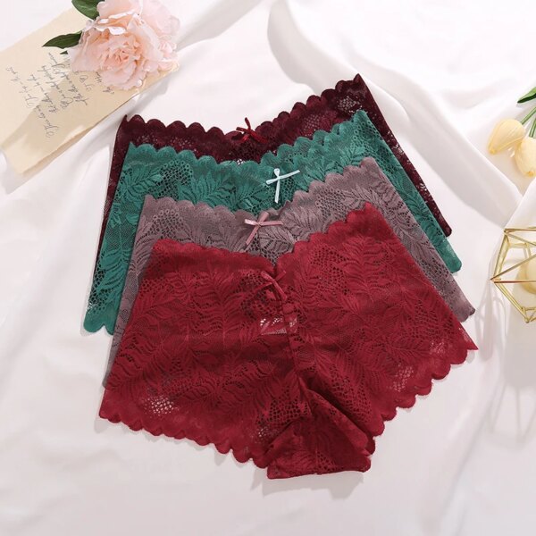 4PC Sexy Underwear Perspective Lace Women Panties Floral Solid Hollow Out Briefs Female Underpants Breathablle Women Lingerie