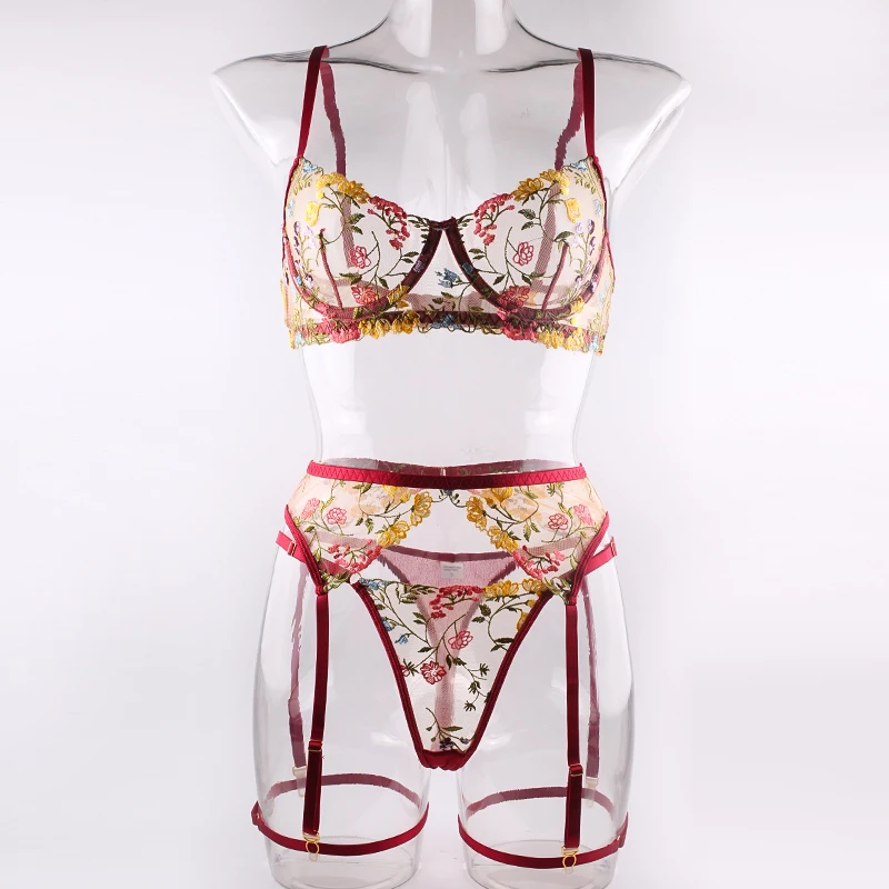 Ellolace Lingerie Sensual Lace Underwear Transparent Embroidery 3-Piece Garters Fancy Beautiful Short Skin Care Kits Intimate