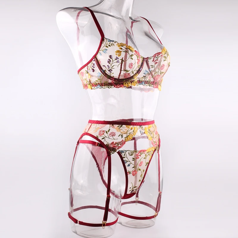 Ellolace Lingerie Sensual Lace Underwear Transparent Embroidery 3-Piece Garters Fancy Beautiful Short Skin Care Kits Intimate