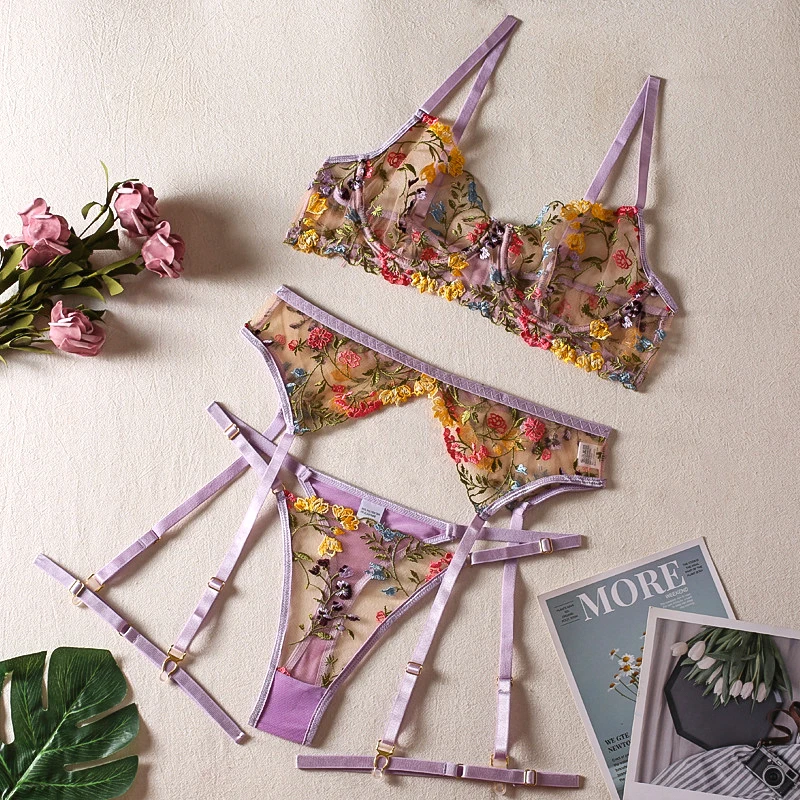Ellolace Lingerie Sensual Lace Underwear Transparent Embroidery 3-Piece Garters Fancy Beautiful Short Skin Care Kits Intimate