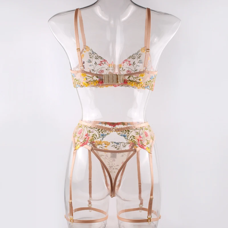 Ellolace Lingerie Sensual Lace Underwear Transparent Embroidery 3-Piece Garters Fancy Beautiful Short Skin Care Kits Intimate
