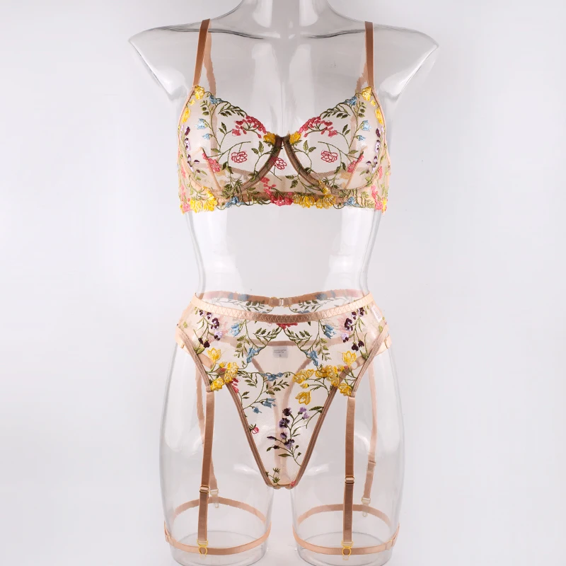 Ellolace Lingerie Sensual Lace Underwear Transparent Embroidery 3-Piece Garters Fancy Beautiful Short Skin Care Kits Intimate