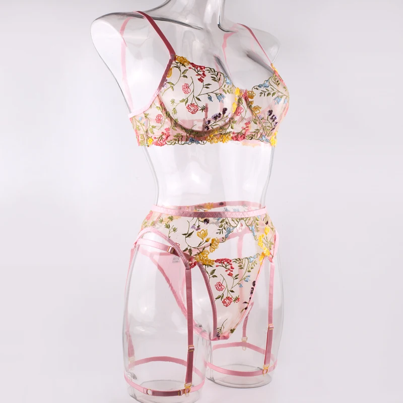 Ellolace Lingerie Sensual Lace Underwear Transparent Embroidery 3-Piece Garters Fancy Beautiful Short Skin Care Kits Intimate