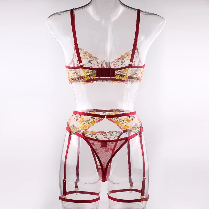Ellolace Lingerie Sensual Lace Underwear Transparent Embroidery 3-Piece Garters Fancy Beautiful Short Skin Care Kits Intimate